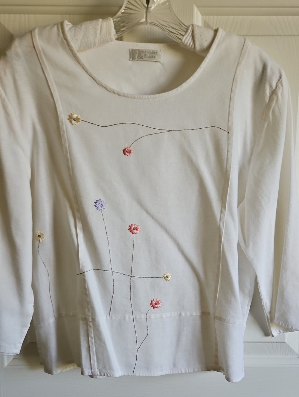 Christopher & Banks White Linen Embroidered 3/4 Sleeve Crewneck Top - Picture 2 of 10